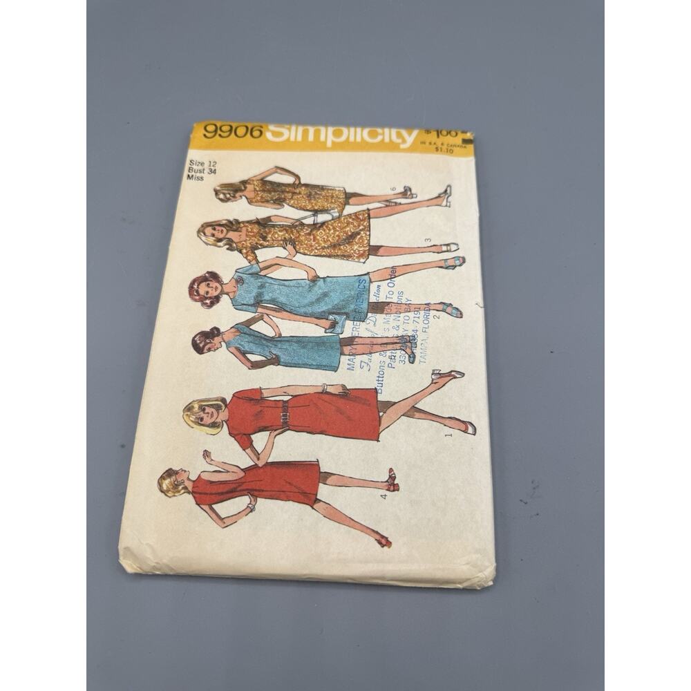 Simplicity 9906 Vintage 1970s Dress Pattern Size 12 Bust 34